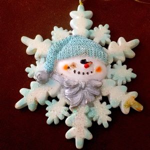 Vintage Stone Resin Snowman Snowflake Sparkly Christmas Tree Ornament 4" LikeNew